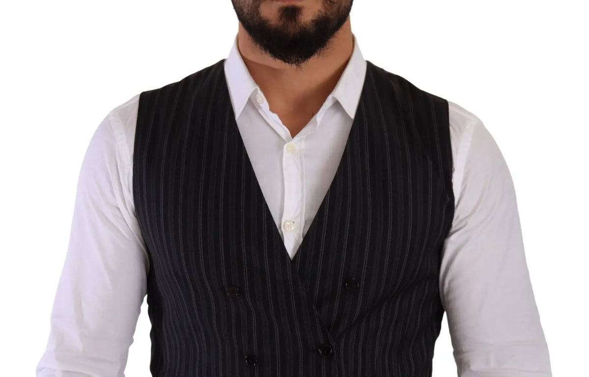 Dolce & gabbana gray striped double breasted waistcoat vest noir à fines rayures verticales avec coupe ajustée