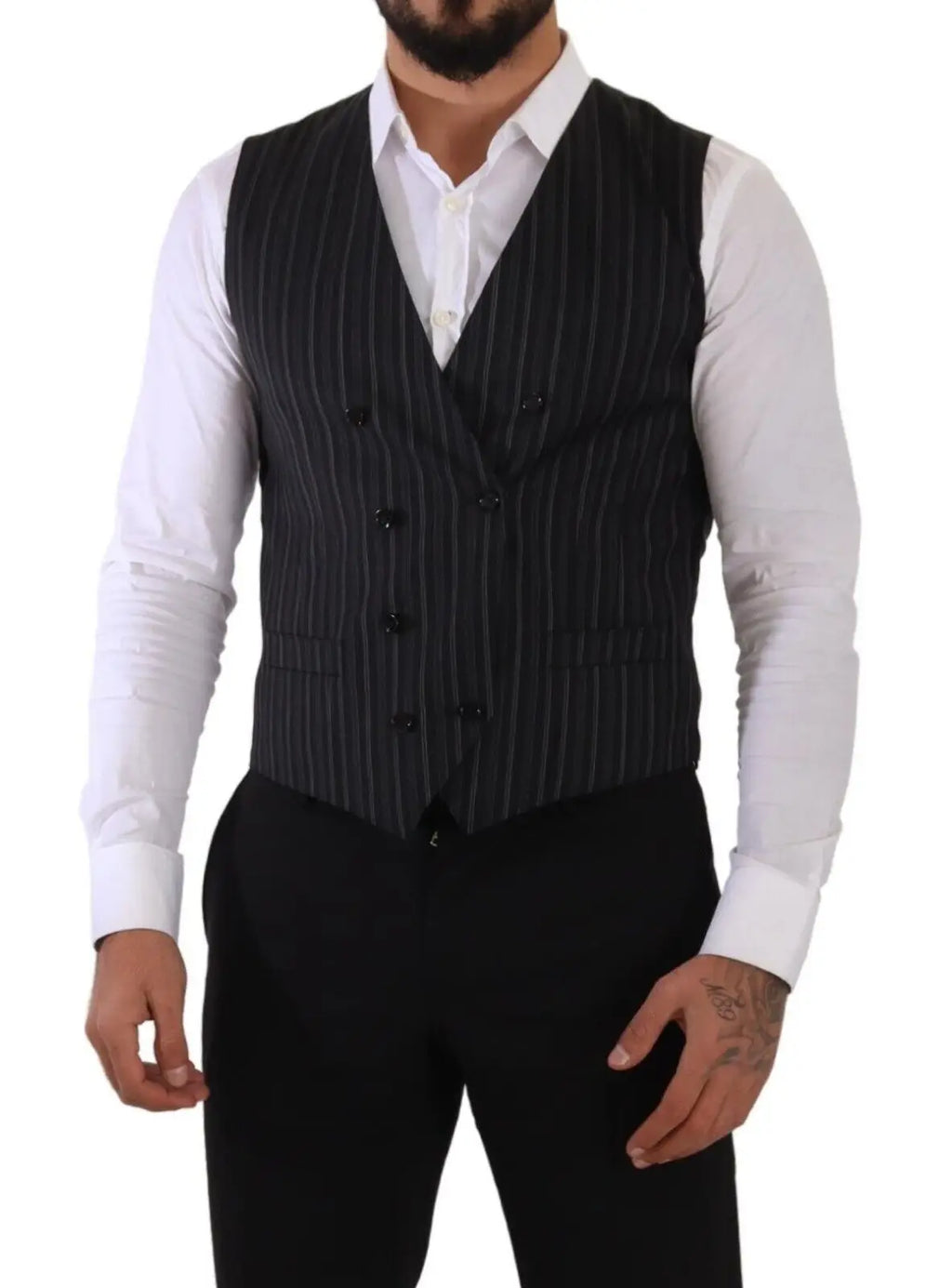 Dolce & gabbana gilet à rayures grises double boutonnage en tissu noir à fines rayures avec boutons foncés