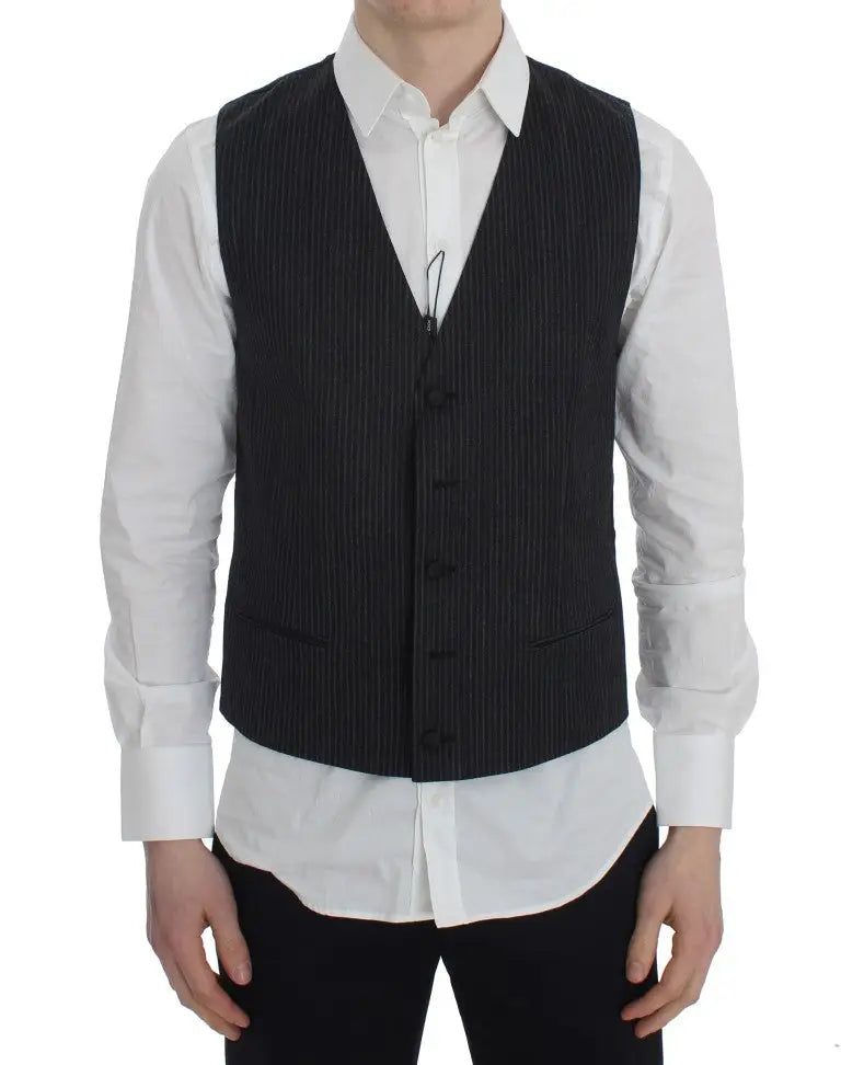 Dolce & Gabbana gilet formel gris à rayures en laine avec cinq boutons noirs et deux poches avant