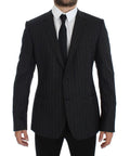 Dolce & gabbana gray striped slim fit wool blazer in black pinstripe with fine vertical stripes
