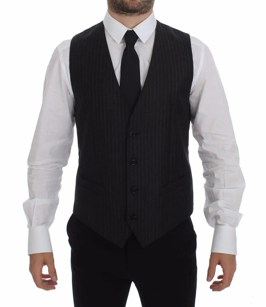 Dolce & gabbana gilet en laine grise rayée avec cinq boutons noirs et motif à rayures fines noir