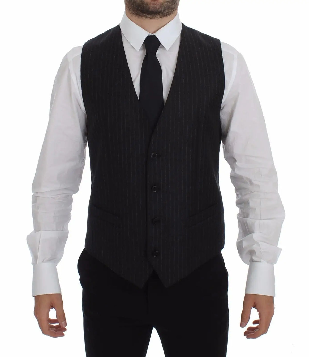Dolce & gabbana gilet en laine grise rayée avec cinq boutons noirs et motif à rayures fines noir