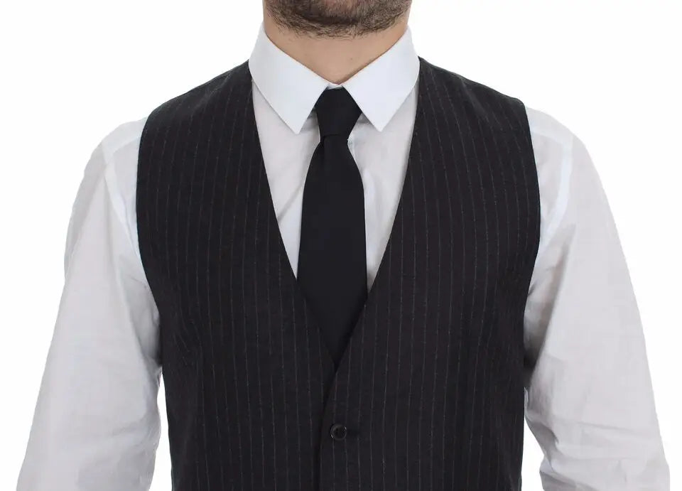 Dolce & gabbana gray striped wool logo vest gilet with single button closure and black pinstripe design