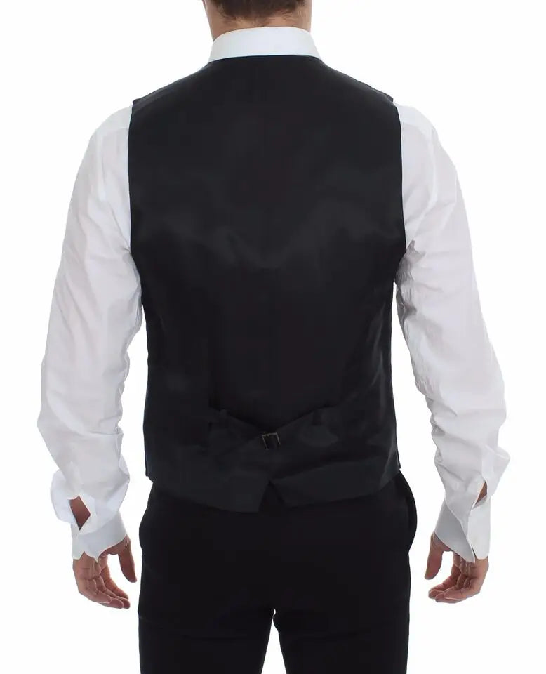 Gilet dolce & gabbana en laine grise rayée avec un design formel élégant et une légère brillance satinée noire