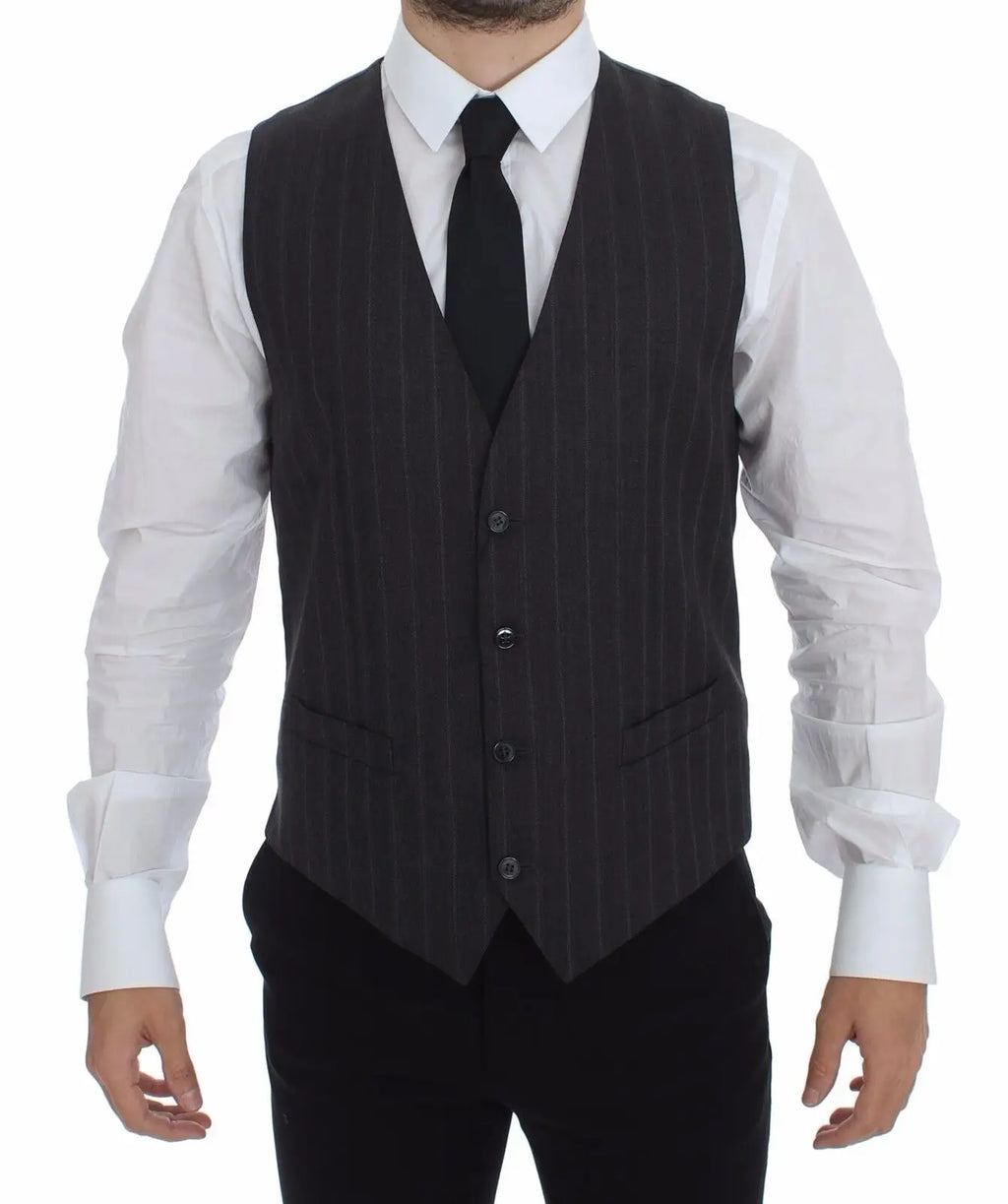 Gilet dolce & gabbana en laine gris foncé à rayures avec boutons noirs et deux poches avant