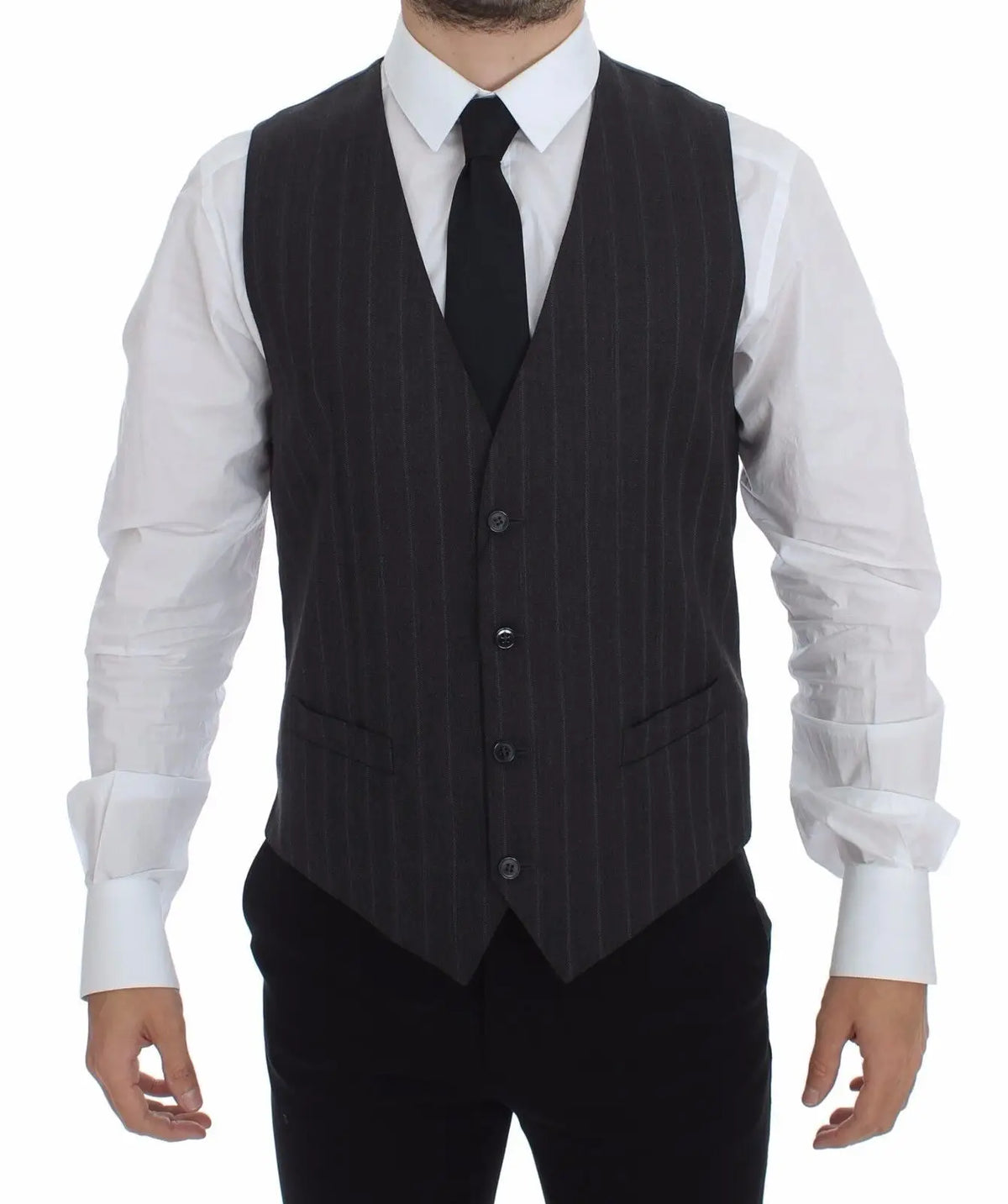 Gilet dolce & gabbana en laine gris foncé à rayures avec boutons noirs et deux poches avant
