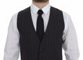 Dolce & gabbana gray striped wool logo vest gilet weste with single button closure in black pinstripe wool