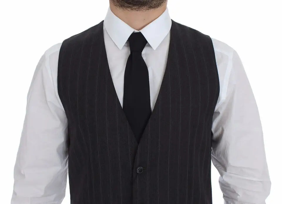 Dolce & gabbana gray striped wool logo vest gilet weste with single button closure in black pinstripe wool