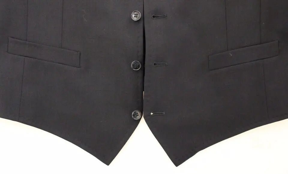 Dolce & gabbana gilet robe en laine et soie gris rayé avec boutonnière noire à trois boutons et poches à rabat