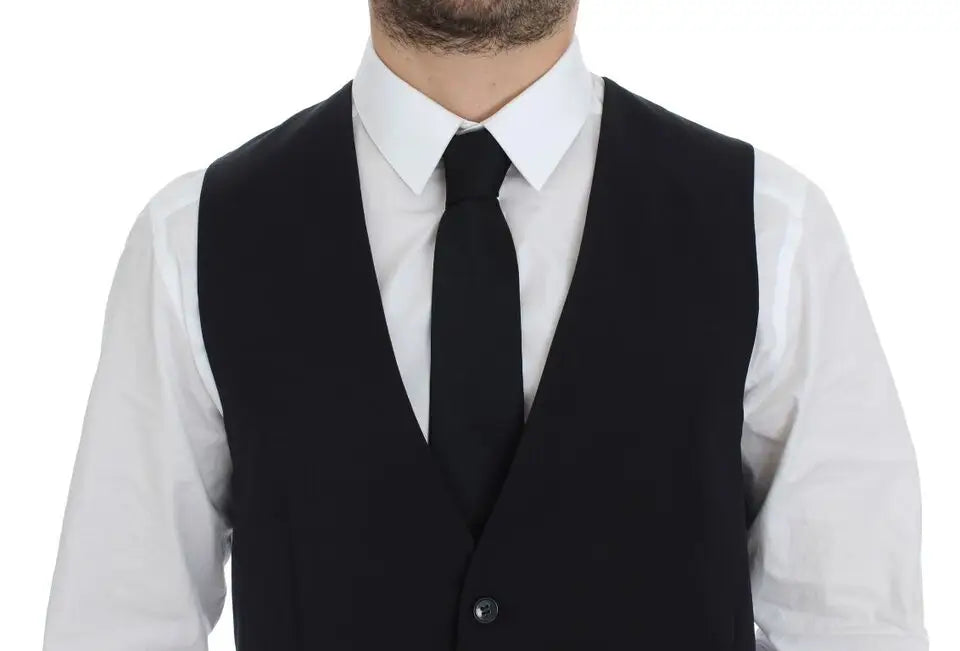 Dolce & gabbana gilet de costume rayé gris en laine et soie avec fermeture à un bouton et design structuré noir