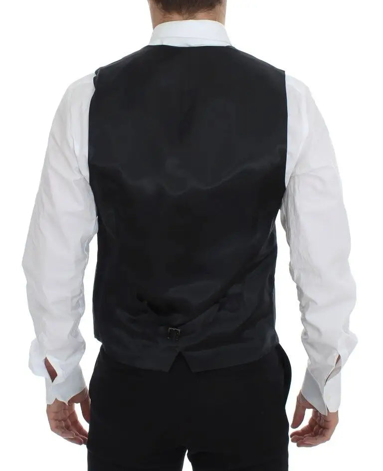 Black satin vest with sleek formal design and subtle sheen in dolce & gabbana gray striped wool single breasted vest