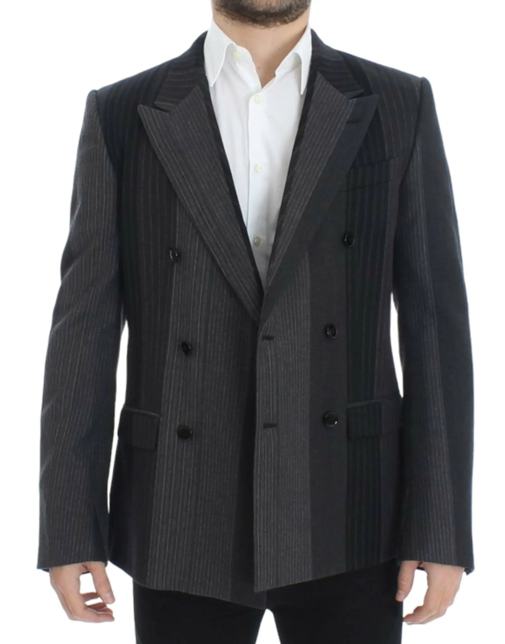 Dolce & Gabbana blazer en laine stretch gris avec rayures noires verticales et boutons assortis