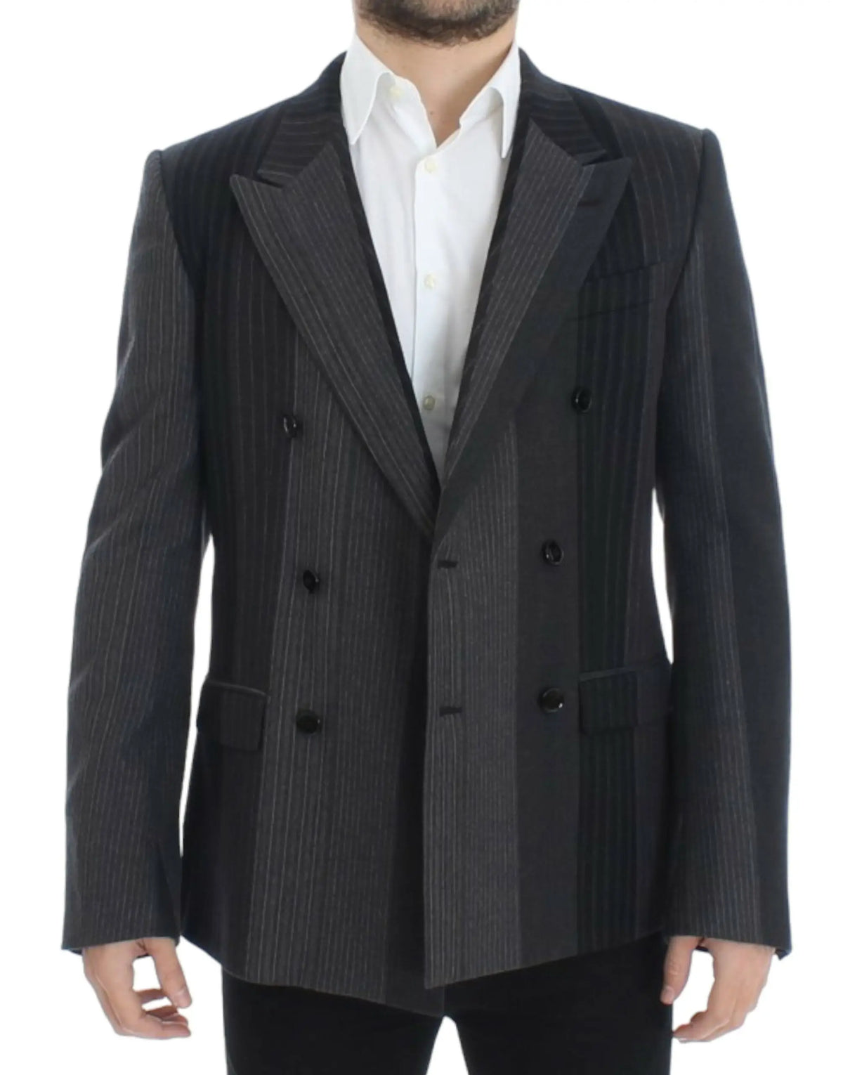 Dolce & Gabbana blazer en laine stretch gris avec rayures noires verticales et boutons assortis