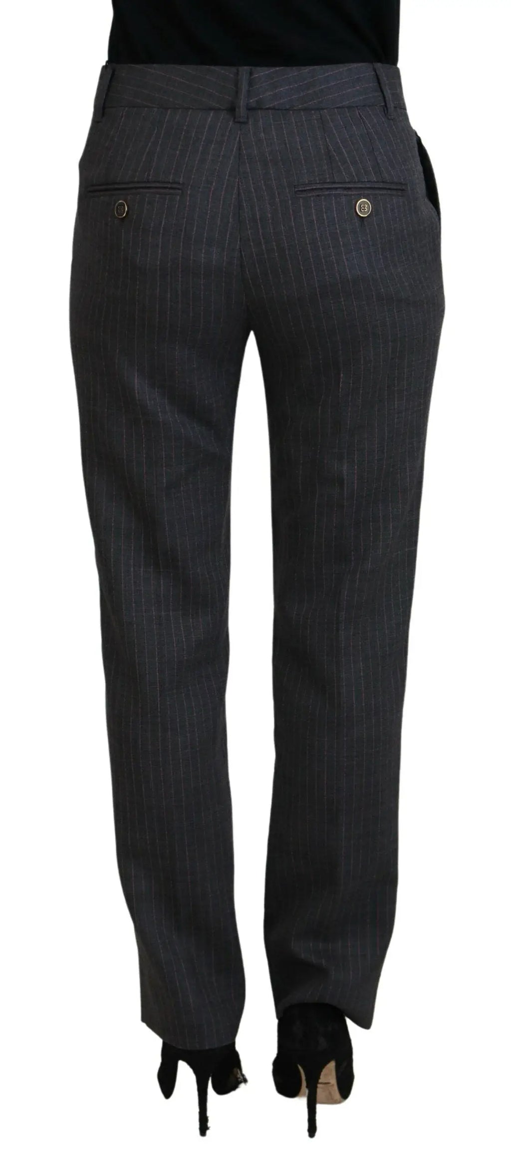 Pantalon femme dolce & gabbana en laine gris foncé rayé avec boutons dorés tapered
