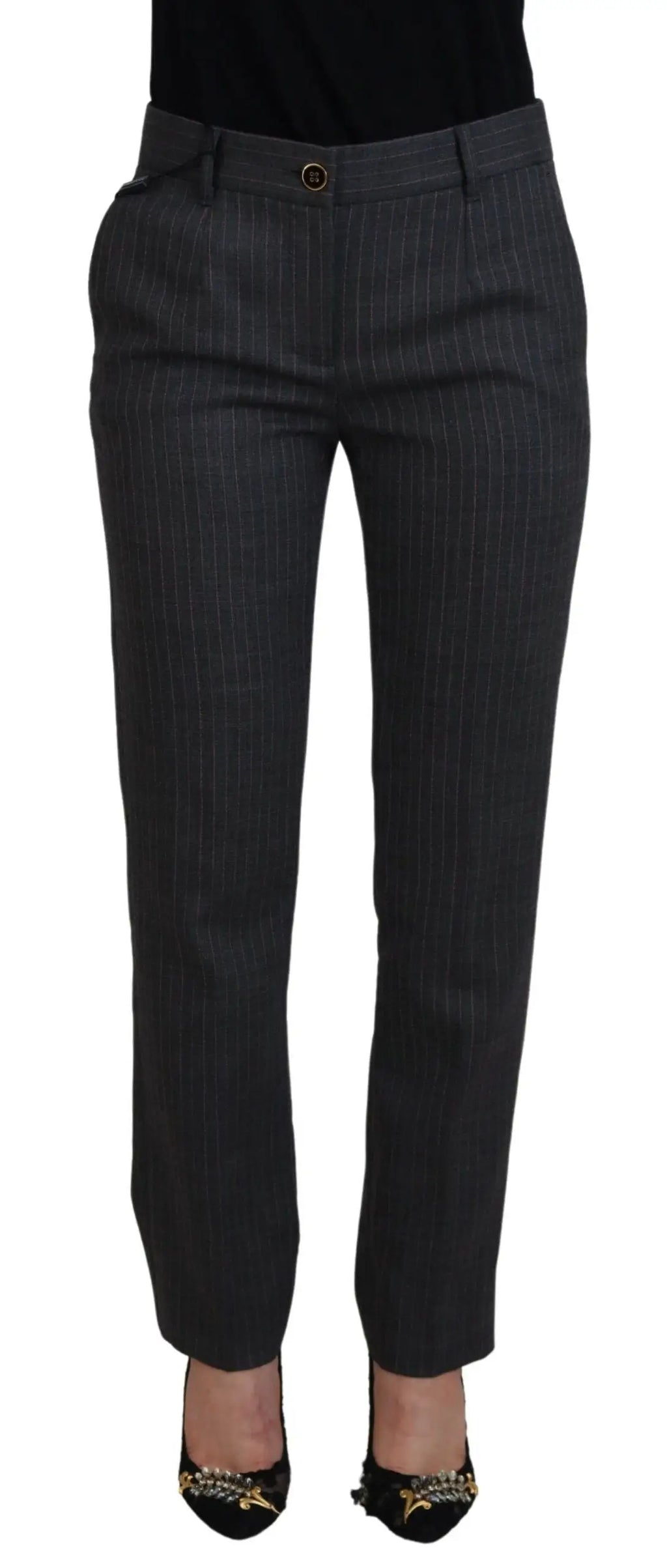 Pantalon femme tapered en laine gris à rayures avec coupe ajustée et fermeture à boutons dorés dolce gabbana