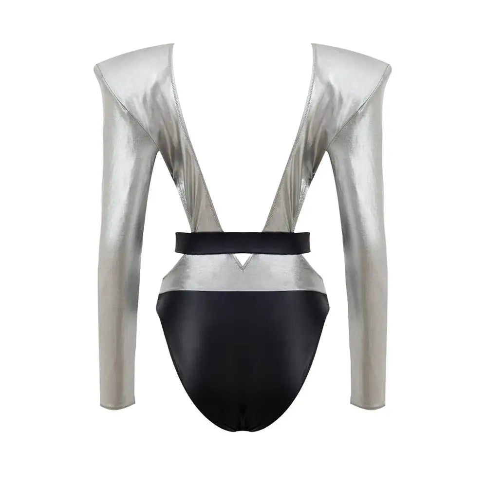 Dolce & gabbana gris maillot de bain une pièce en viscose métallisé argenté et noir avec manches longues vue dos