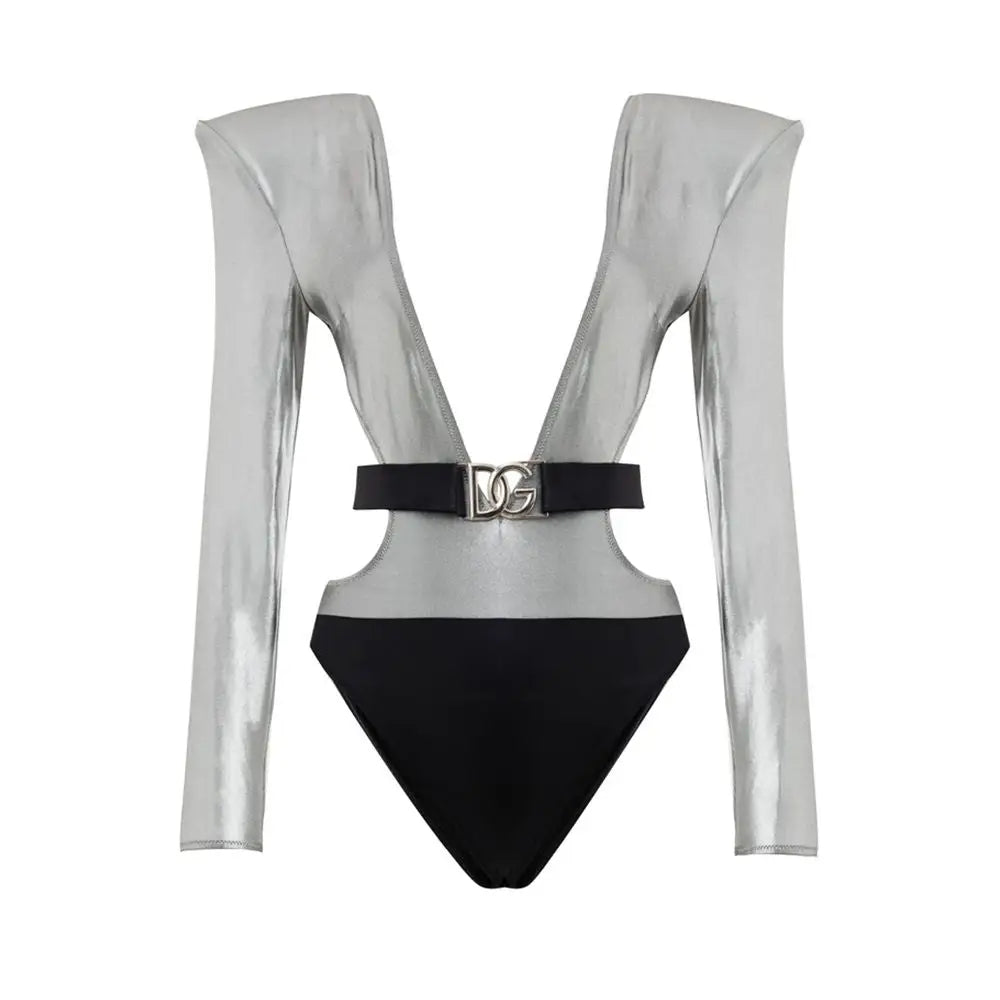 Maillot de bain une pièce dolce & gabbana gris en viscose avec manches longues et ceinture logo dg noire et argentée