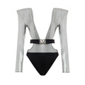 Maillot de bain une pièce dolce & gabbana gris en viscose avec manches longues et ceinture logo dg noire et argentée