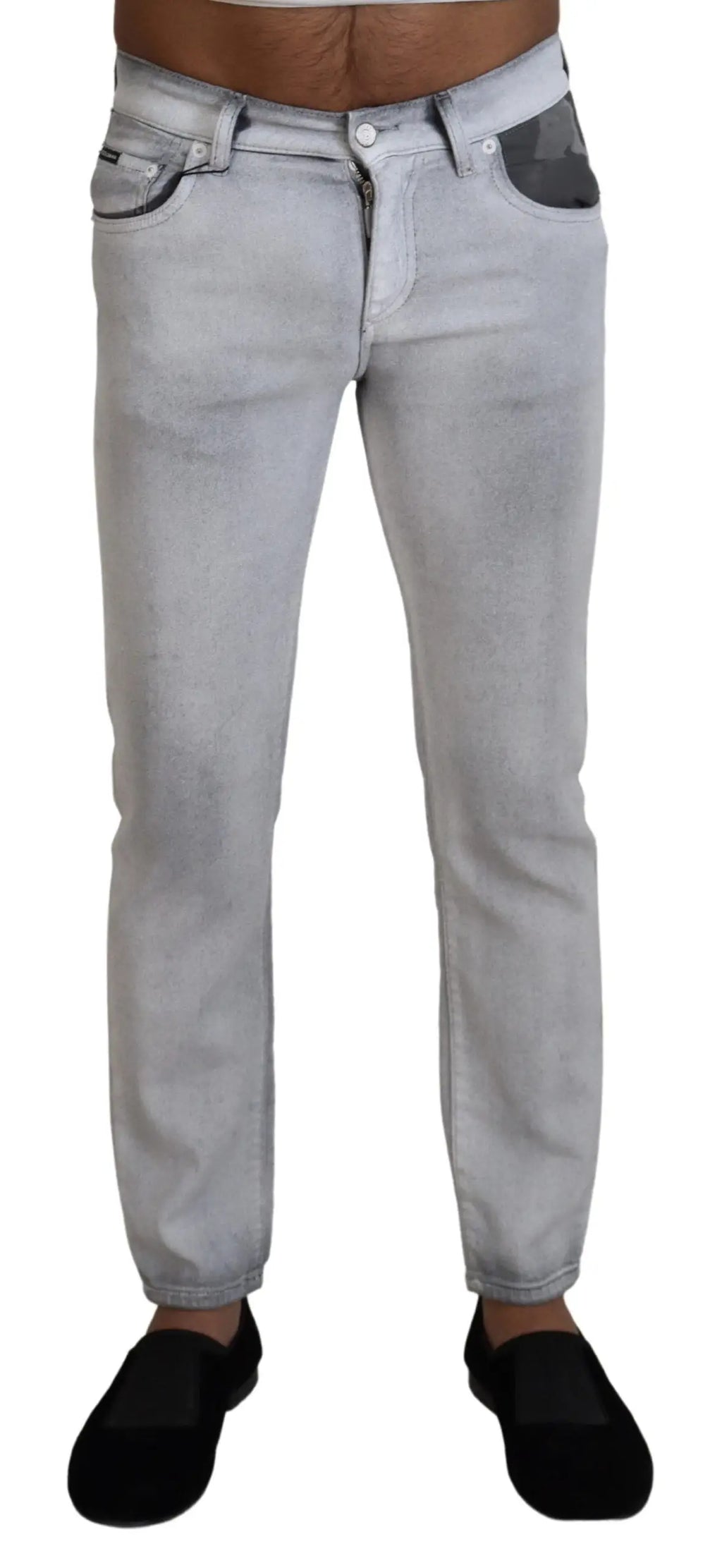 Jeans denim slim gris clair avec effet délavé et coutures contrastantes gris foncé dolce gabbana homme