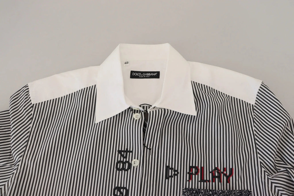 Dolce & gabbana gray white striped slim fit shirt with white collar and bold red black gray play embroidery