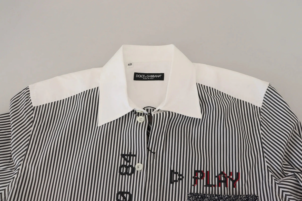 Dolce & gabbana gray white striped slim fit shirt with white collar and bold red black gray play embroidery
