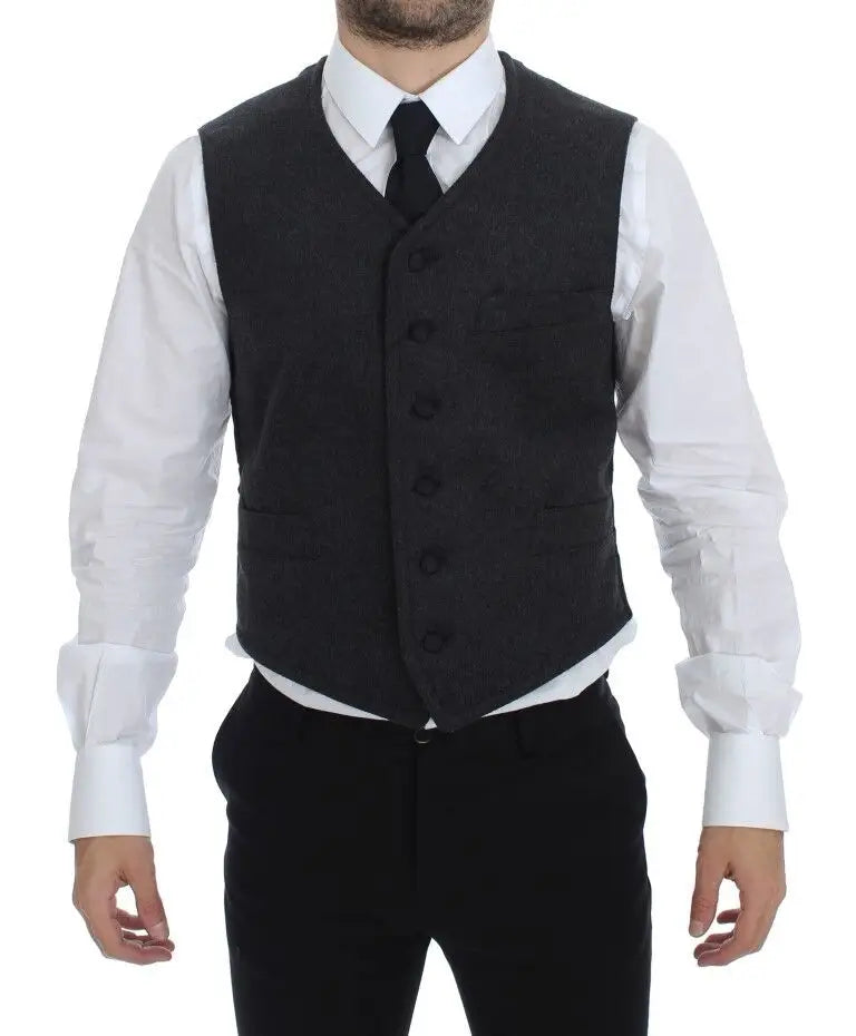 Dolce & gabbana gilet en laine grise avec cinq boutons noirs et une poche poitrine en laine mélangée
