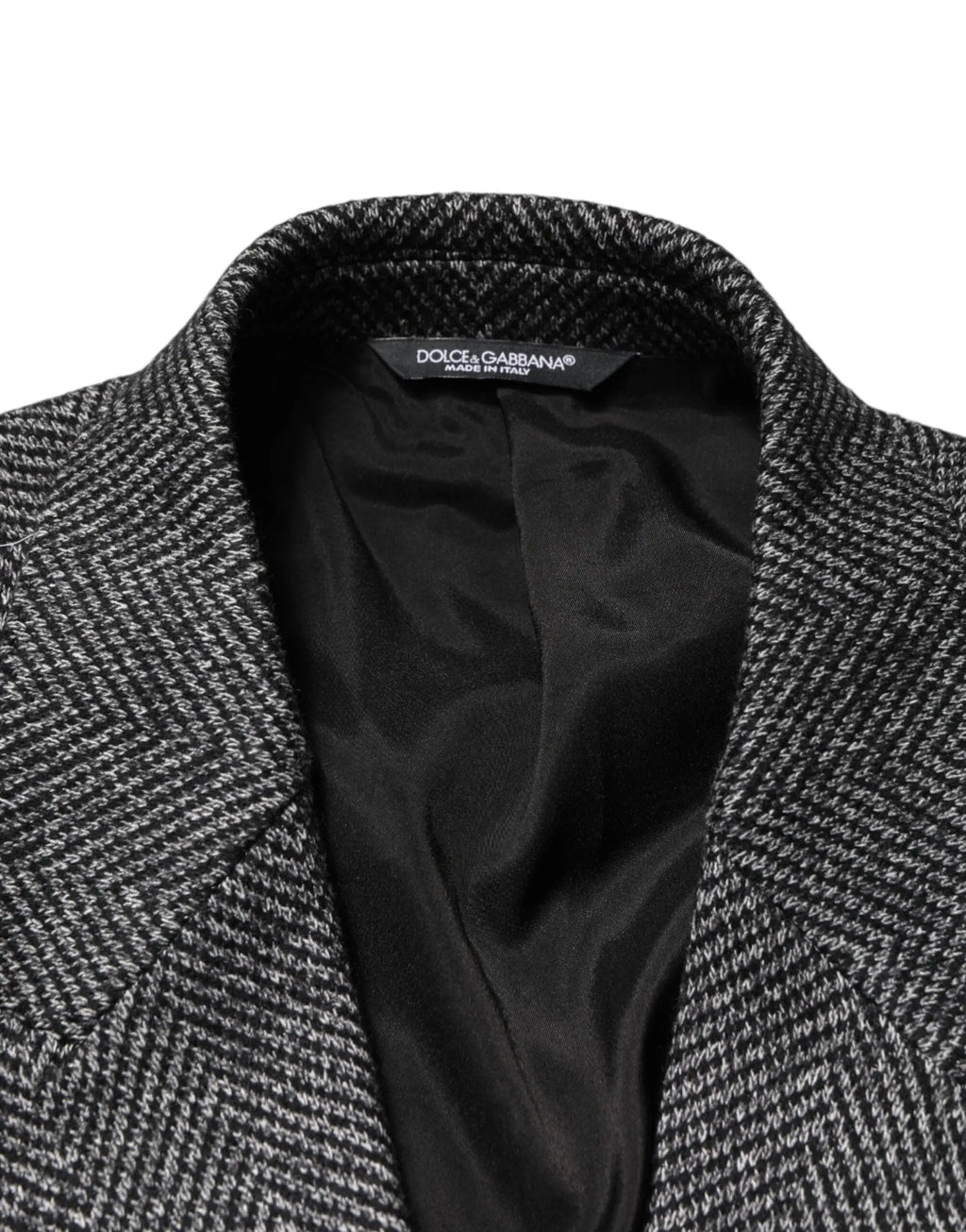 Dolce gabbana manteau trench long homme en mélange de laine gris avec motif chevrons noir et blanc et intérieur en satin