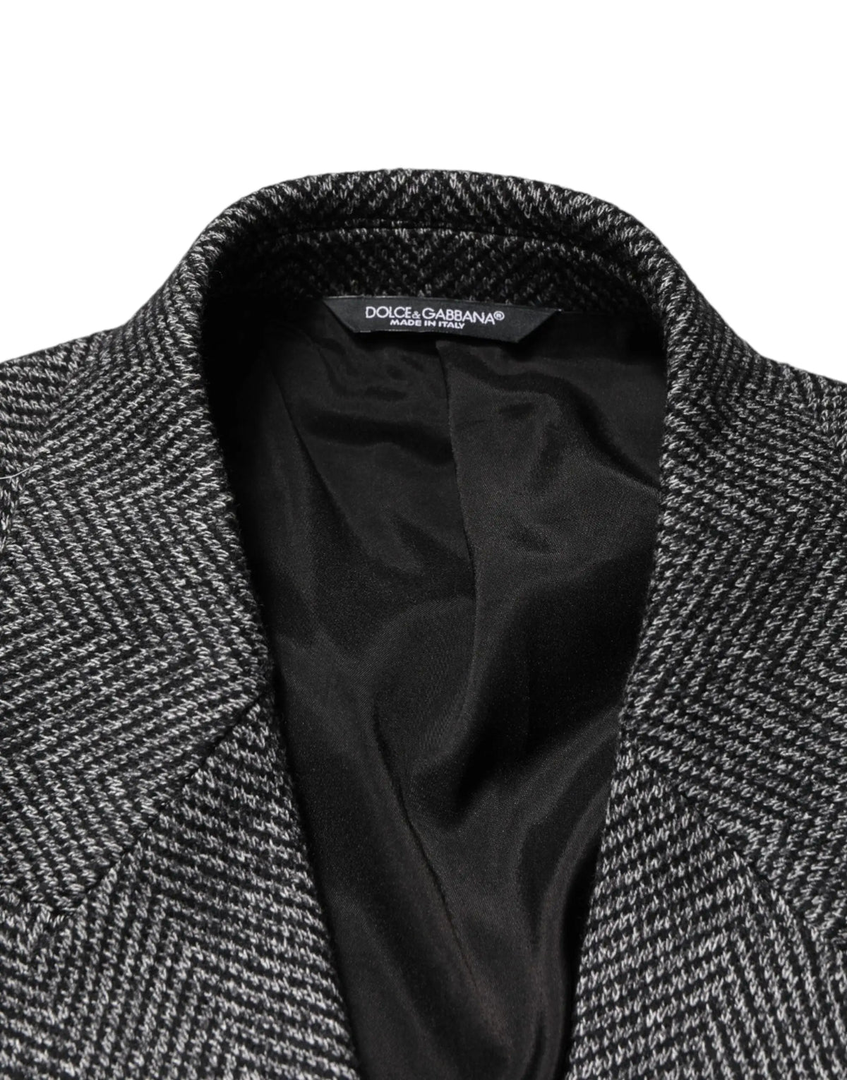 Dolce gabbana manteau trench long homme en mélange de laine gris avec motif chevrons noir et blanc et intérieur en satin