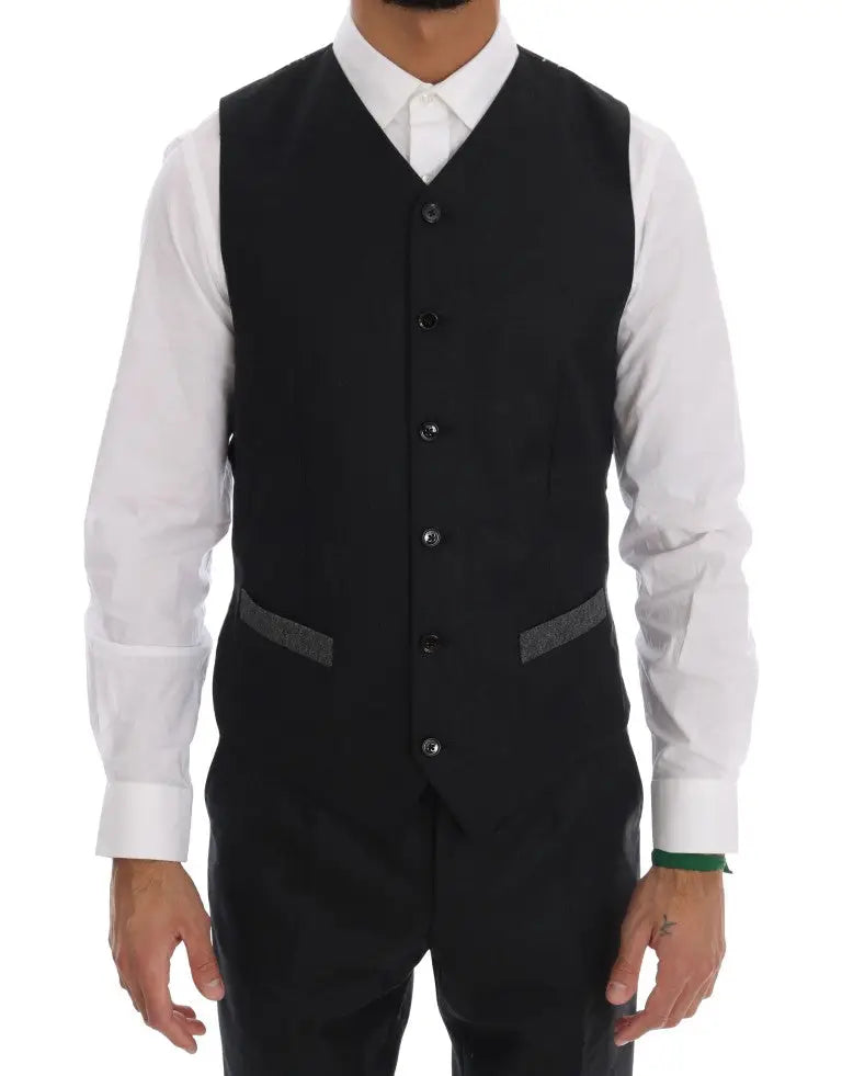 Gilet en laine noir dolce & gabbana avec boutons argentés et bordure grise contrastante sur les poches