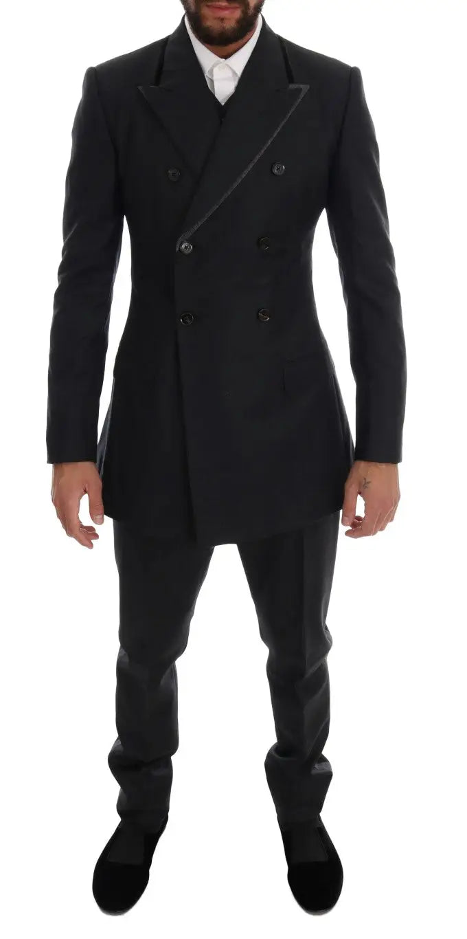Dolce & gabbana manteau noir en laine double boutonnage avec bordure en satin contrastée