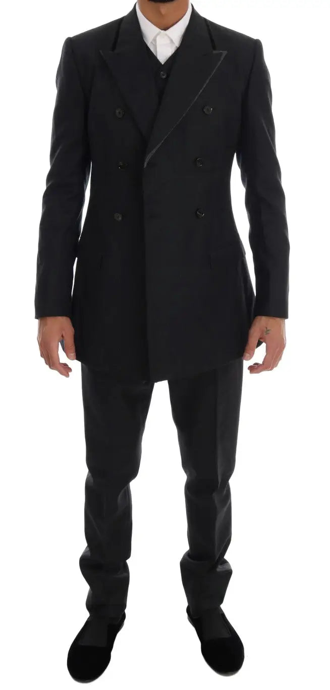 Dolce & gabbana costume trois pièces en laine grise avec veste croisée noire à boutons et pantalon assorti ajusté
