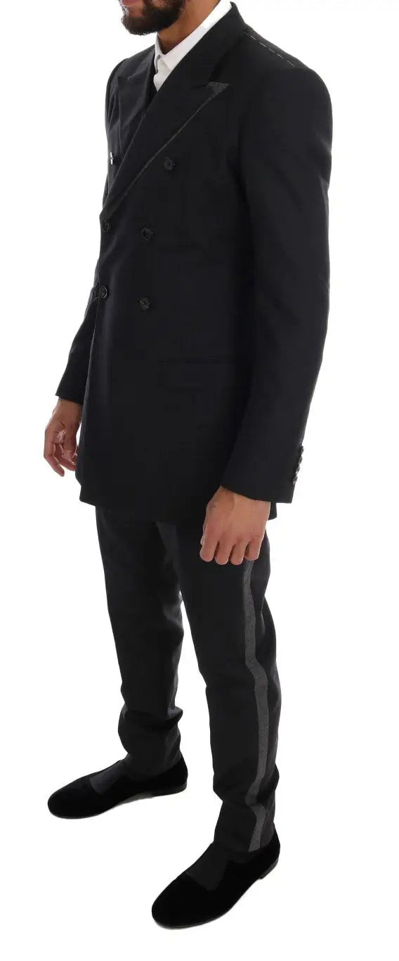 Dolce & gabbana costume trois pièces gris en laine avec veste croisée noire texturée et pantalon à rayures verticales