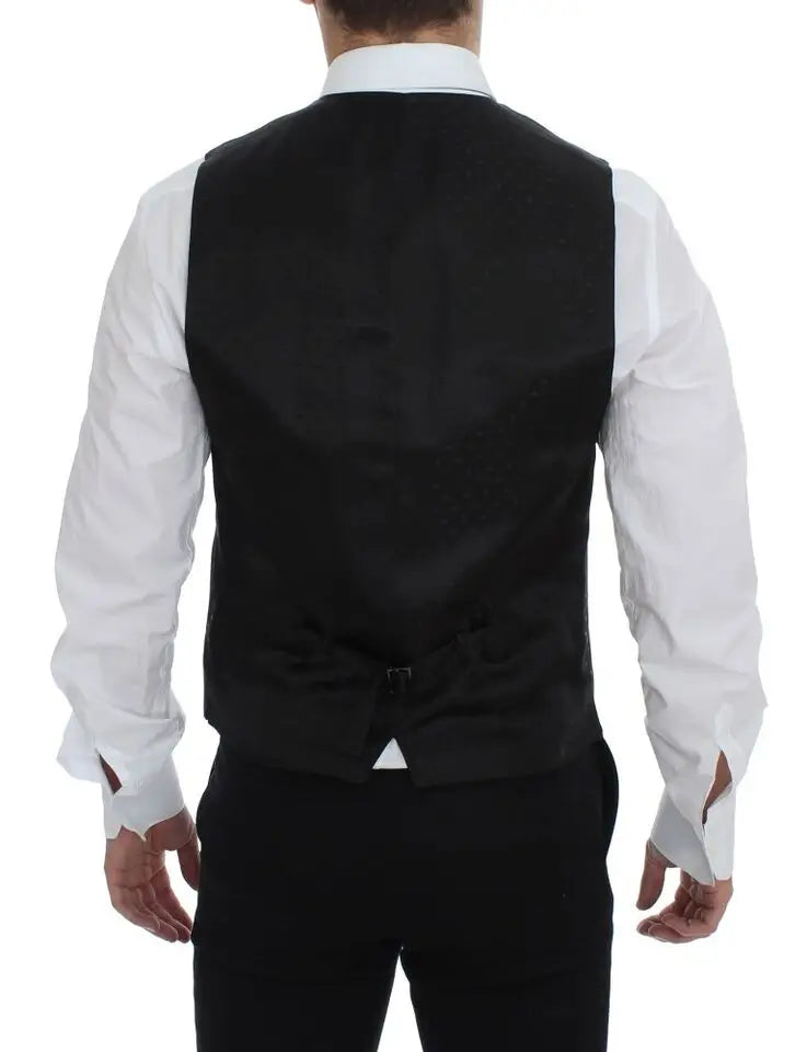 Dos du gilet dolce & gabbana en laine grise noir satin avec découpe triangulaire et léger éclat formel