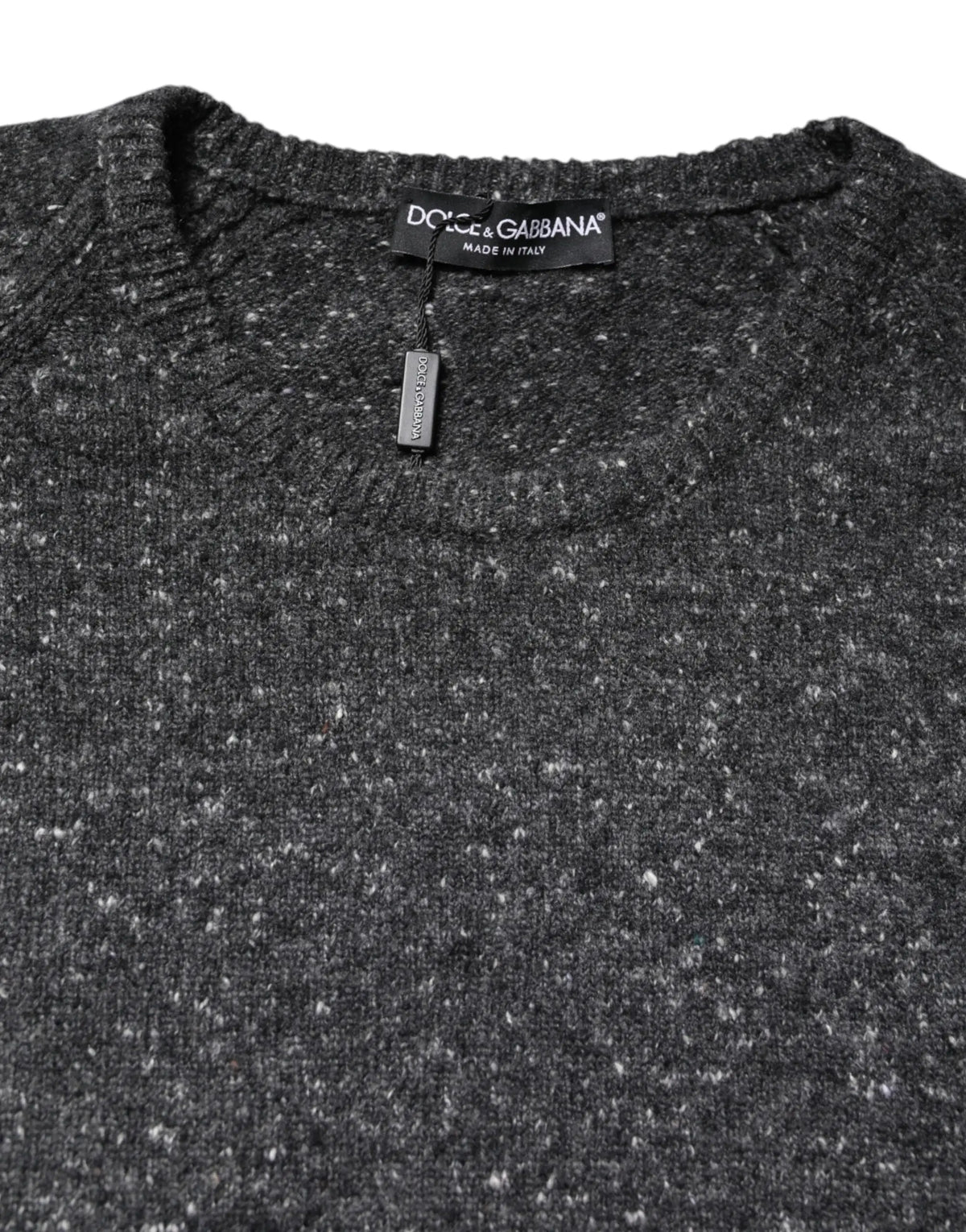 Pull col rond en laine gris chiné avec col côtelé et étiquette dolce & gabbana visible