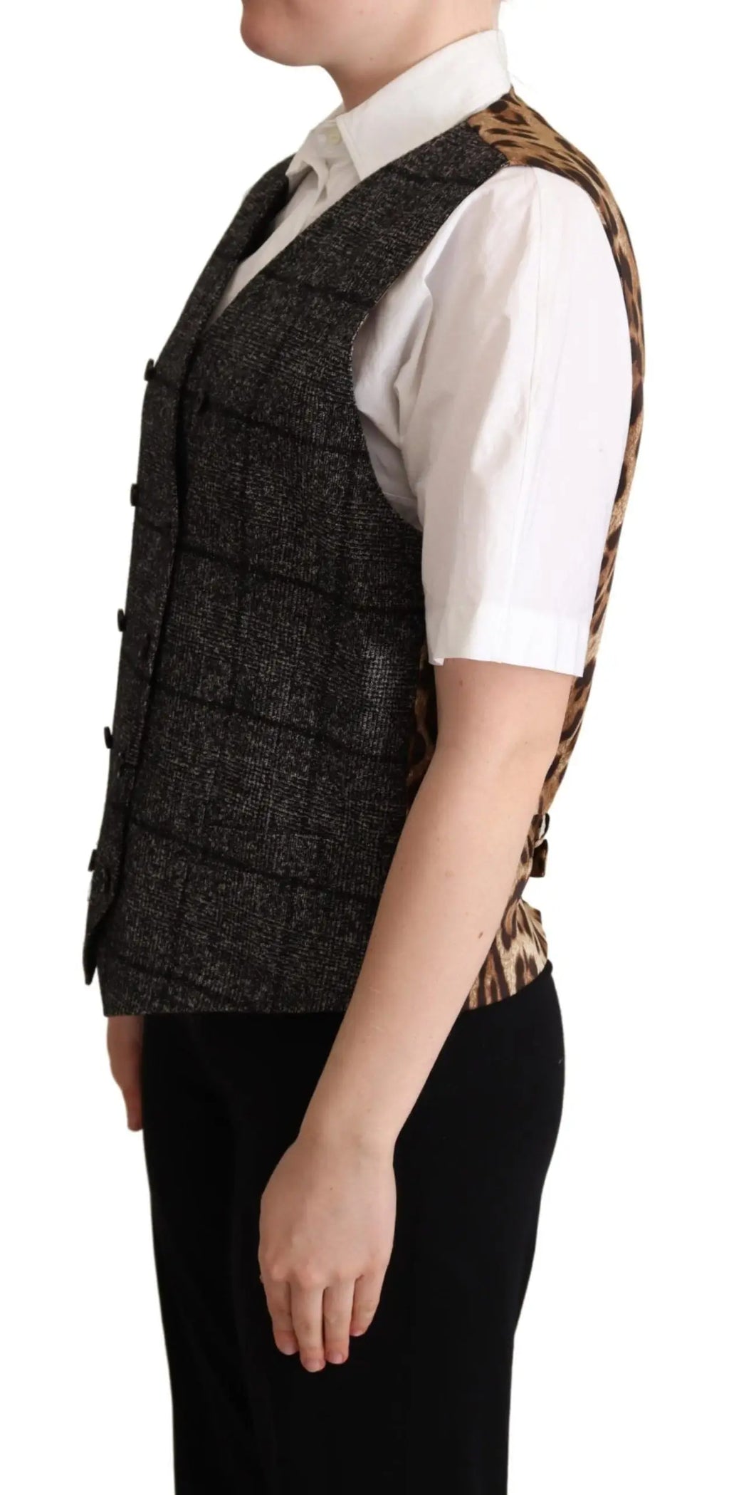 Dolce & gabbana gray wool waistcoat vest with dark gray tweed and bold leopard print trim featuring black buttons