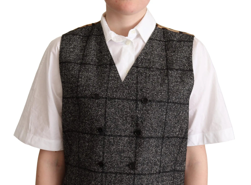 Dolce & gabbana gray wool leopard print waistcoat vest with double-breasted gray tweed fabric black buttons and check pattern