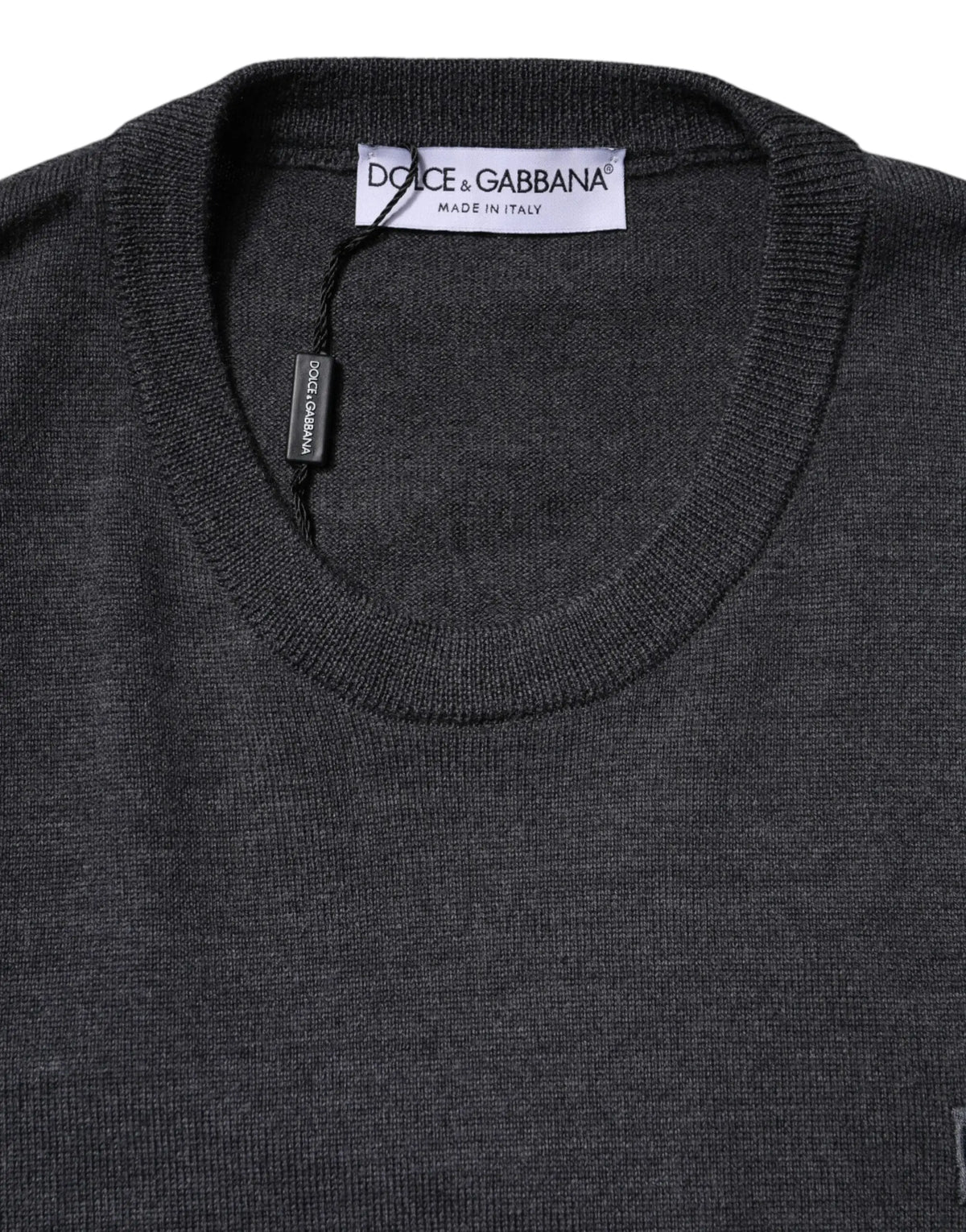 Pull à col rond dolce & gabbana en laine gris foncé avec texture fine et maille côtelée homme