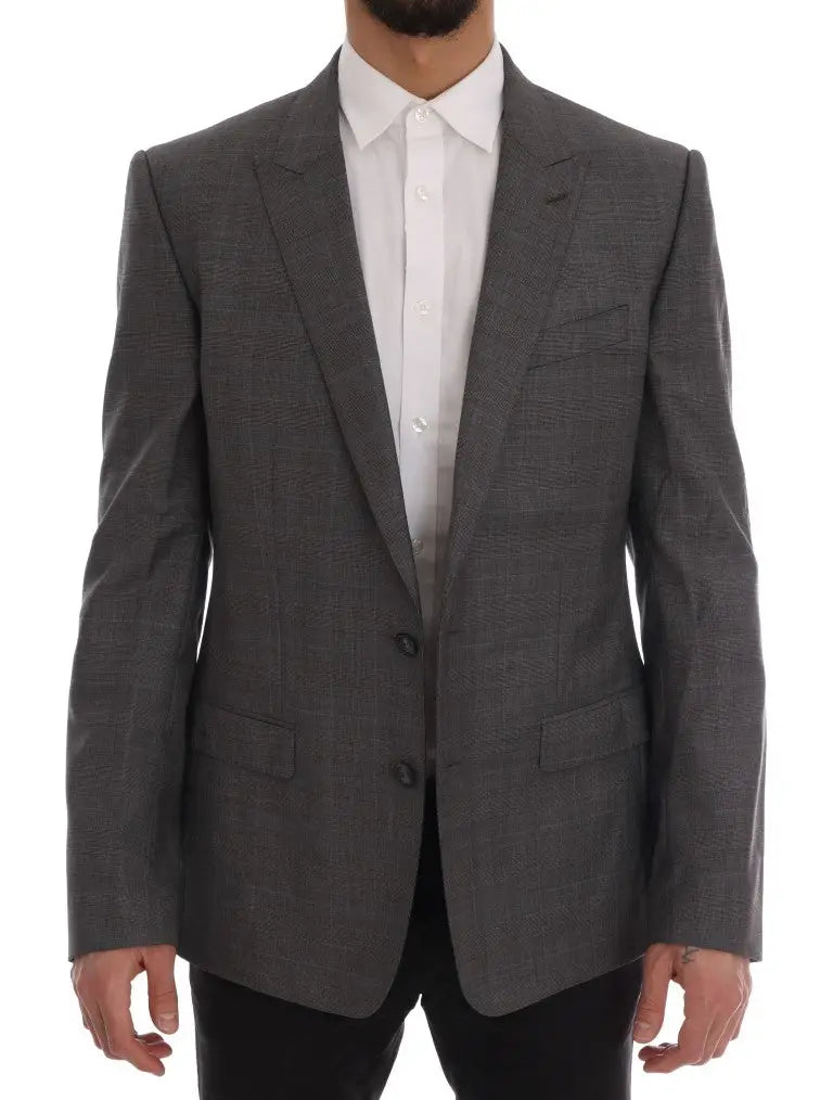 Blazer slim martini gris en laine de Dolce & Gabbana avec motif à carreaux subtil, boutons avant et poches à rabat