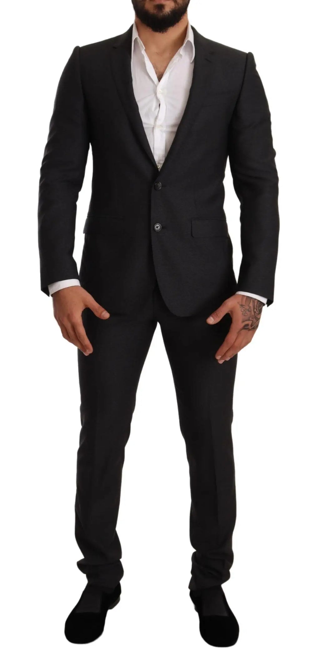 Dolce & gabbana gray wool martini slim fit set suit with black tailored two-button jacket and white dress shirt