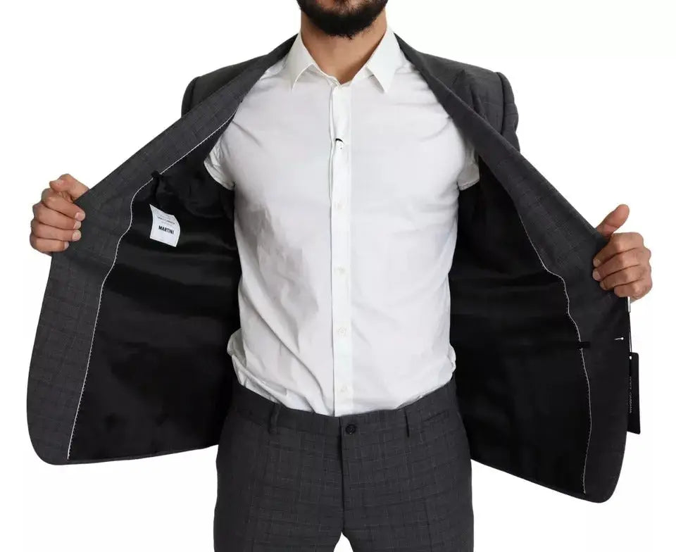 Blazer en laine gris foncé avec couture blanche contrastante et étiquette de marque dolce & gabbana martini