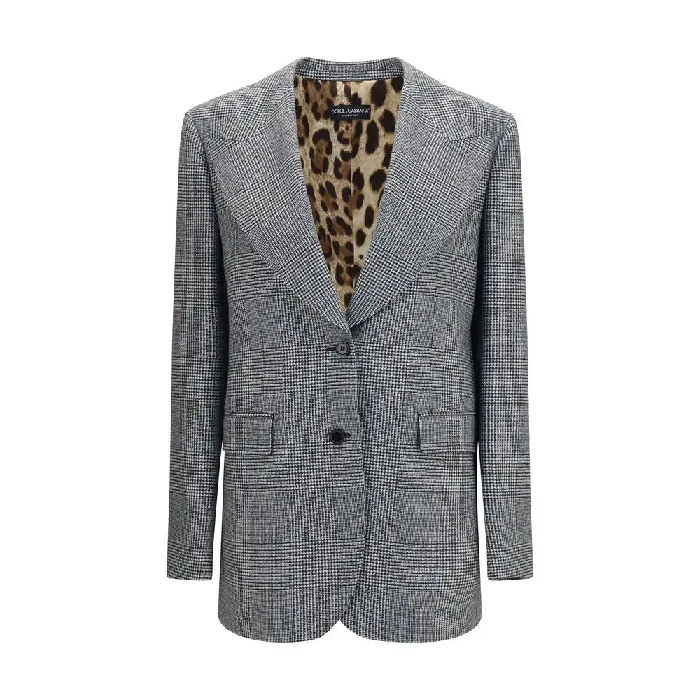 Blazer dolce & gabbana en laine grise à carreaux noirs avec doublure imprimée léopard et étiquette de marque