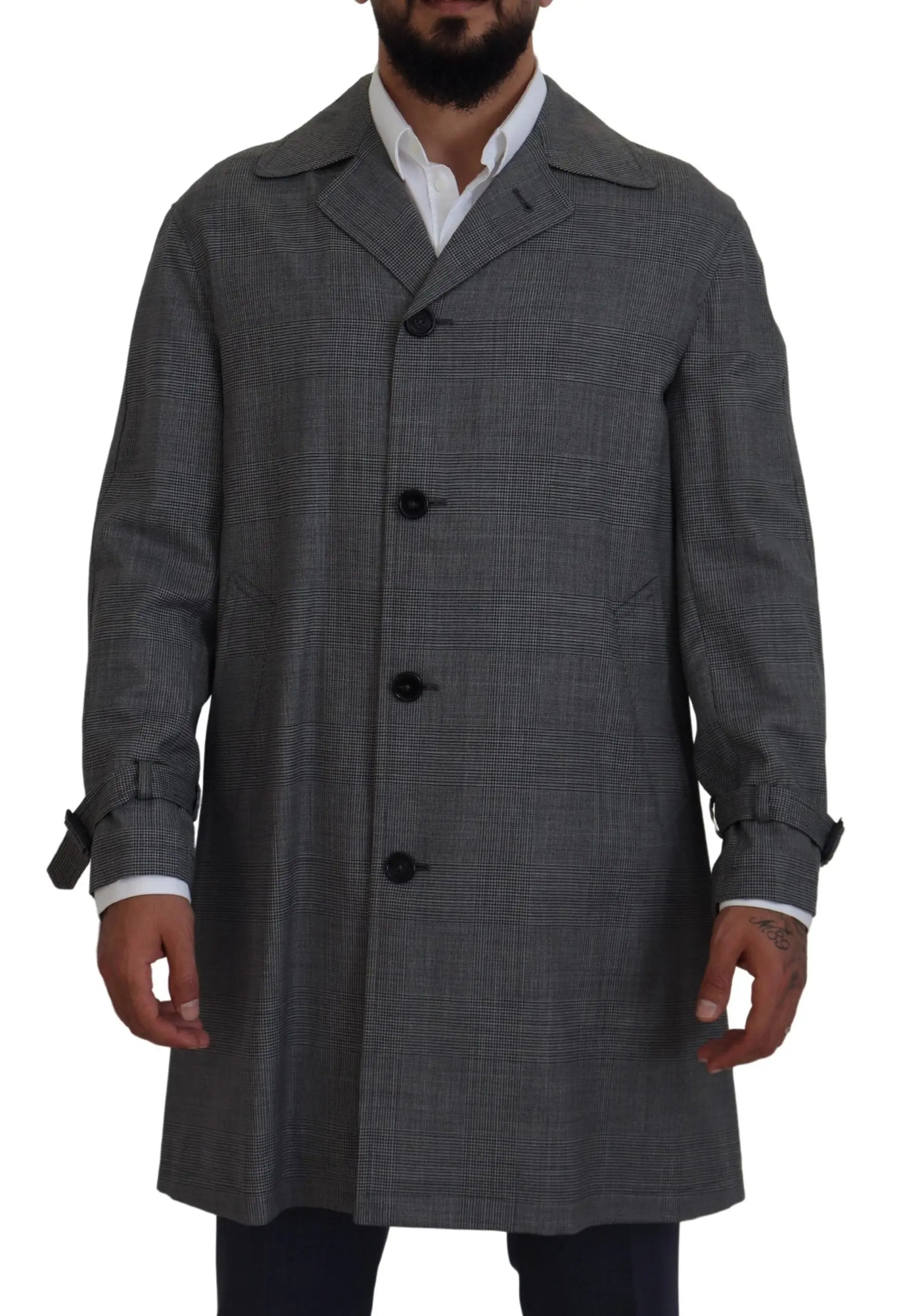 Dolce & gabbana manteau trench long en laine à carreaux gris avec boutons noirs et col cranté