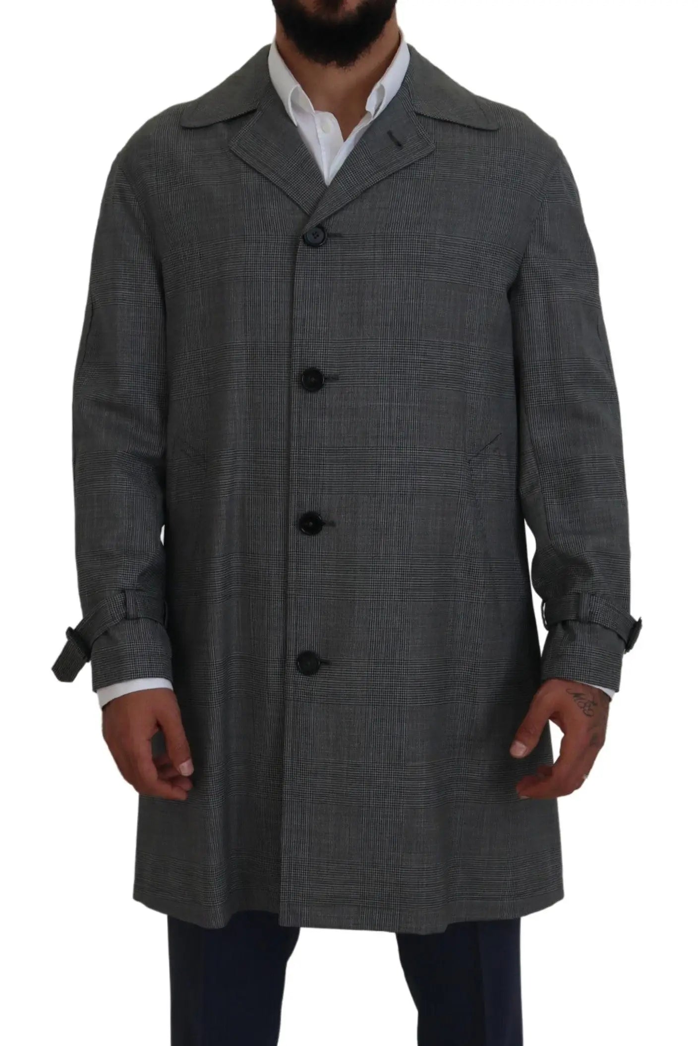 Dolce & Gabbana manteau trench long en laine gris à carreaux avec boutons noirs et col classique pour homme