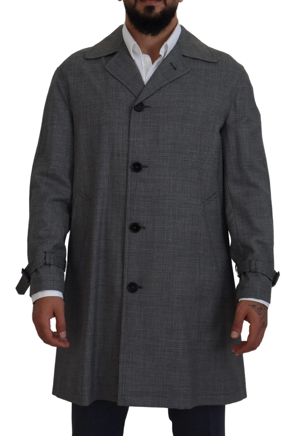 Dolce & gabbana manteau trench long en laine gris à carreaux avec boutons noirs et col cranté