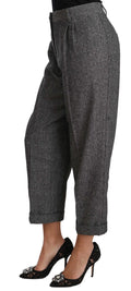 Pantalon court plissé en laine grise à chevrons dolce & gabbana avec taille haute et revers roulés