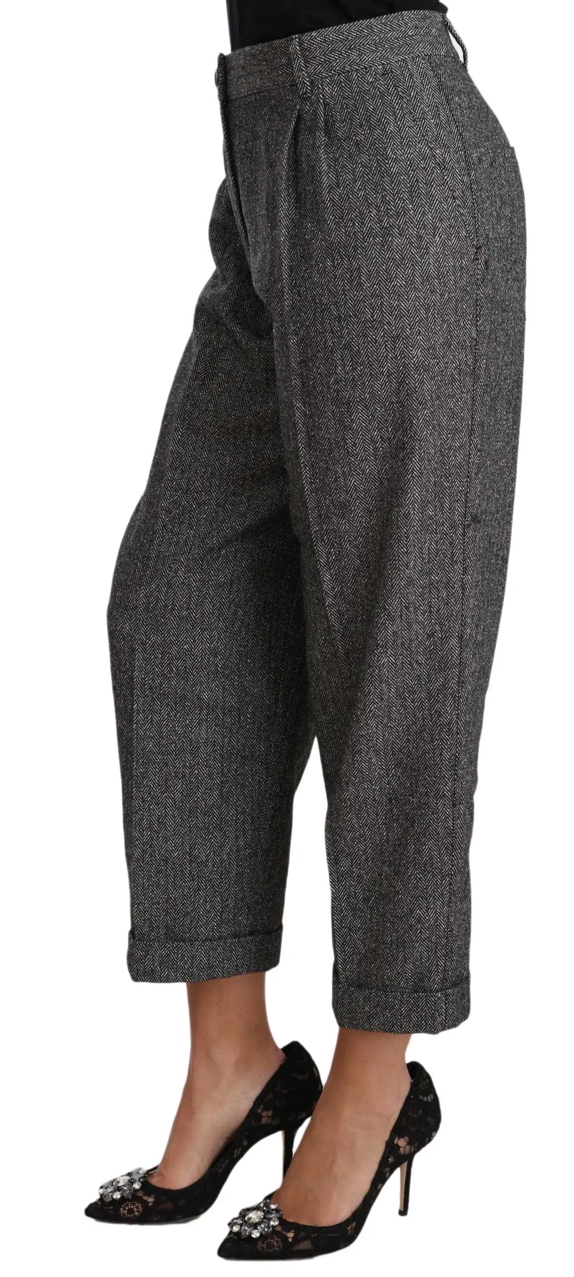 Pantalon court plissé en laine grise à chevrons dolce & gabbana avec taille haute et revers roulés