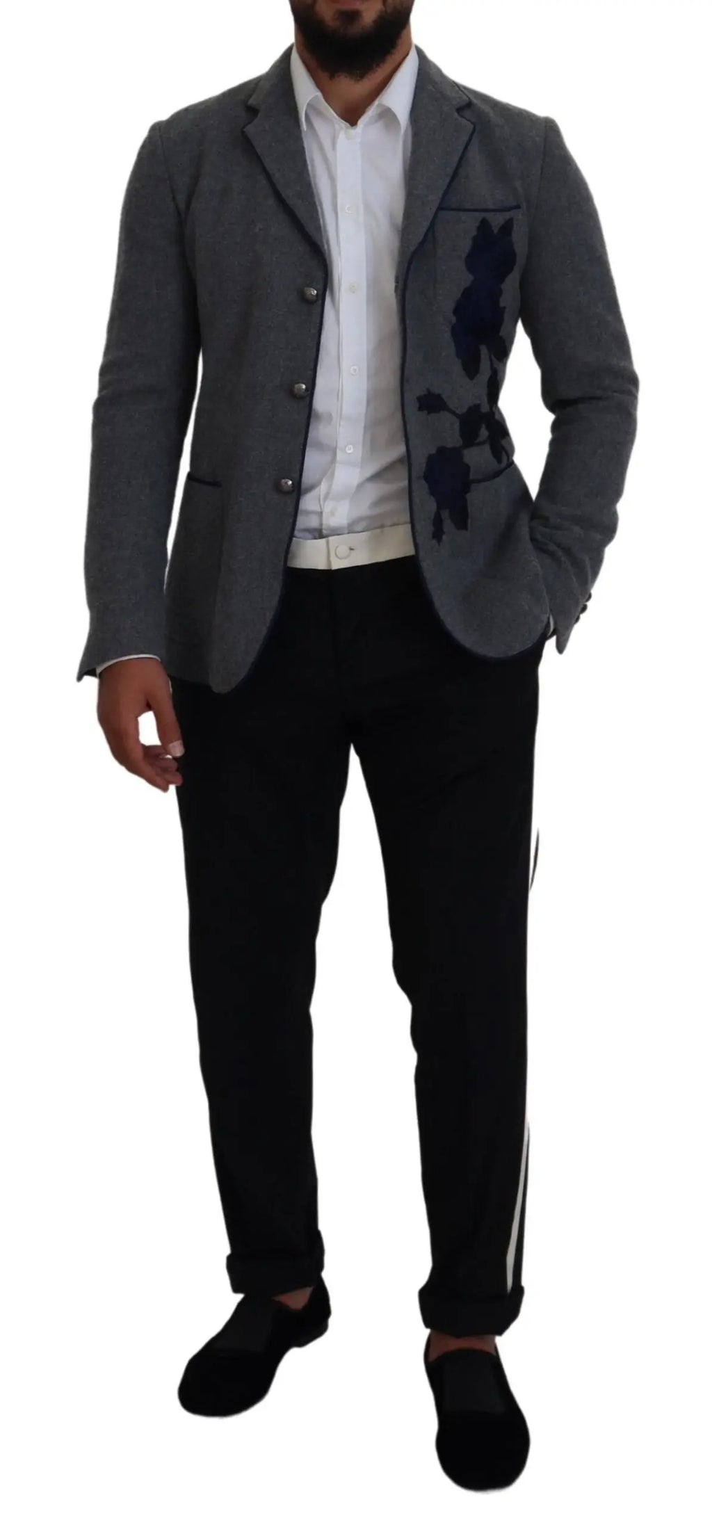 Veste slim fit en laine gris dolce gabbana avec broderie chat bleu marine sur le devant
