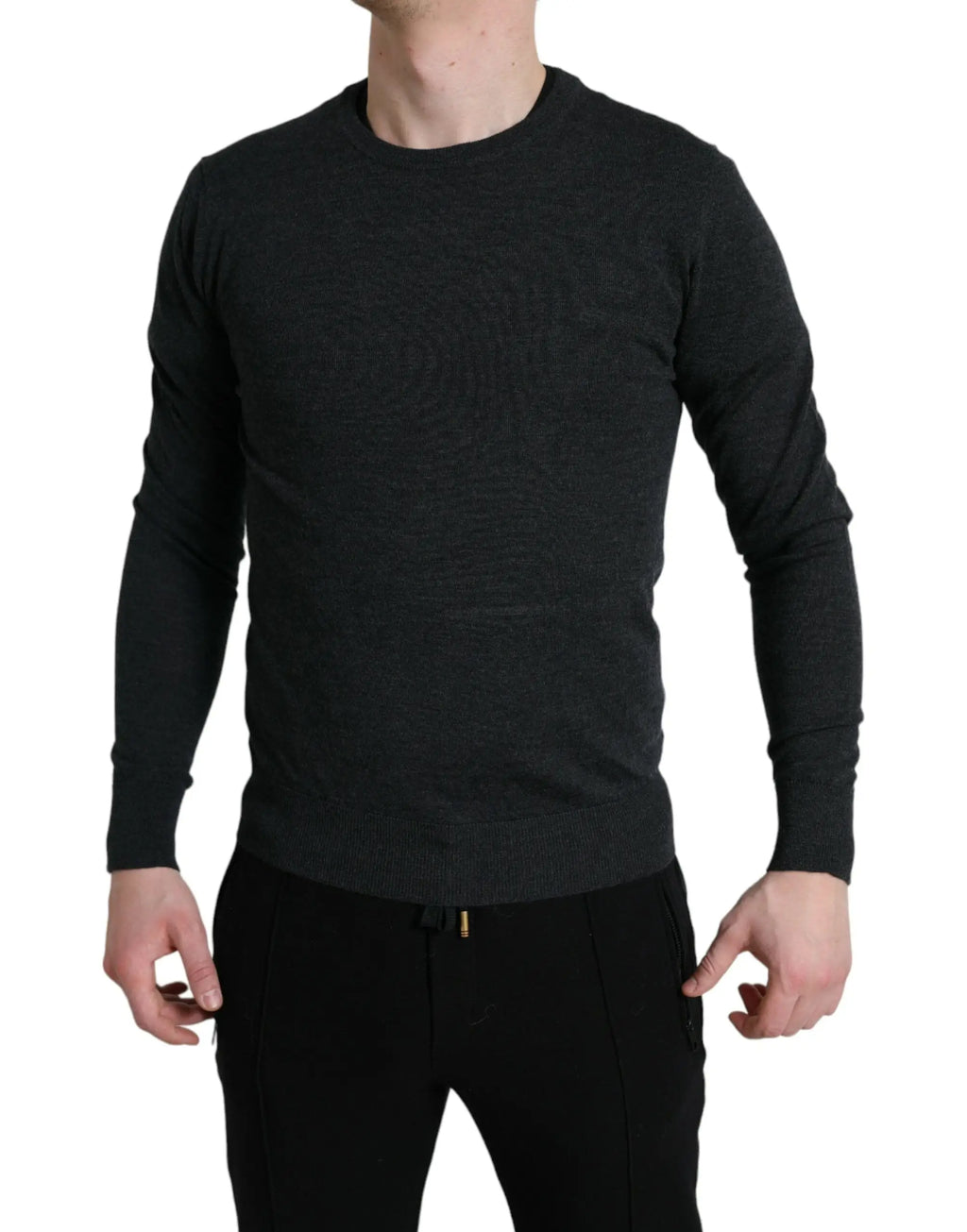 Pull noir dolce & gabbana à col rond en laine grise avec texture subtile et manches longues
