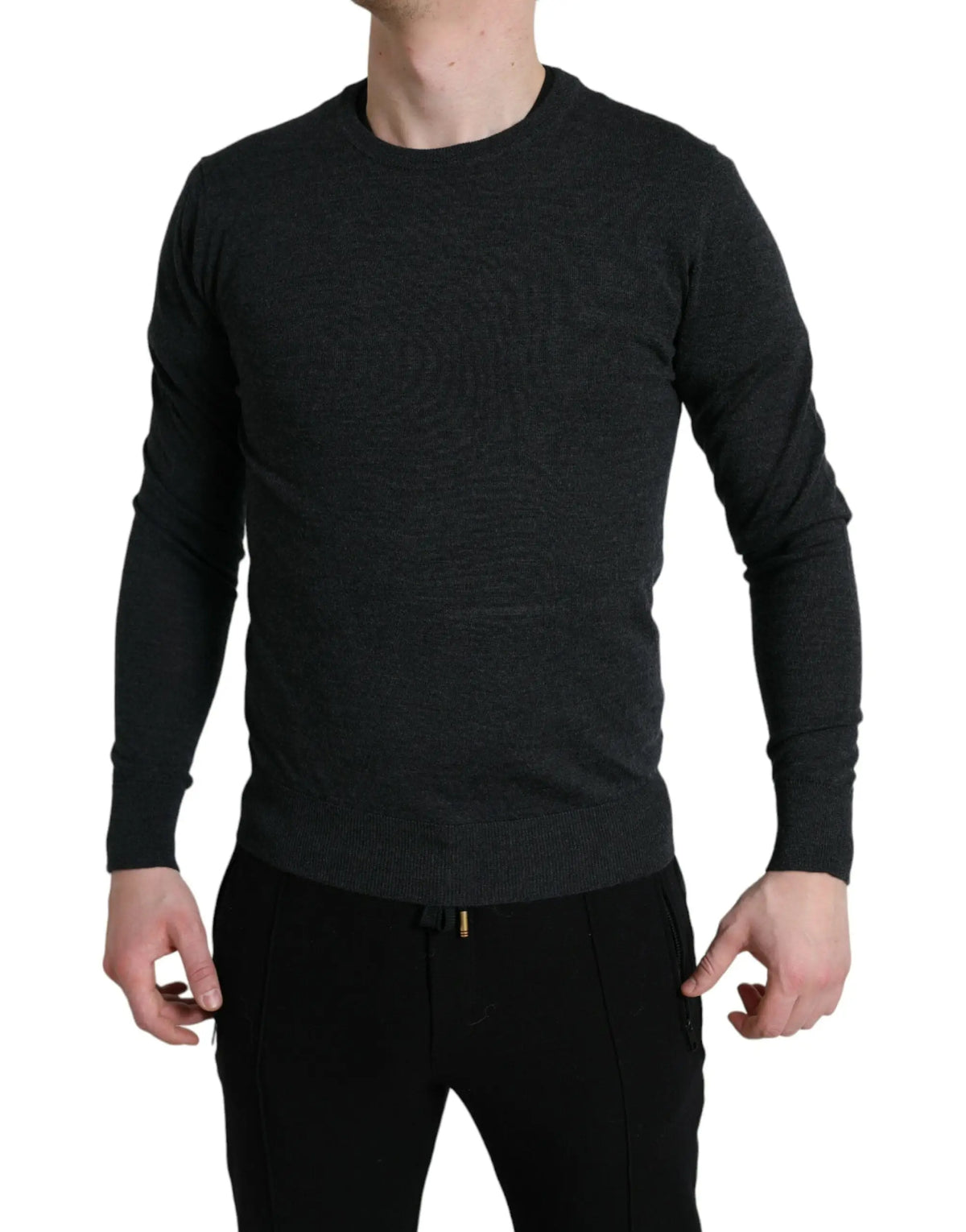 Pull noir dolce & gabbana à col rond en laine grise avec texture subtile et manches longues