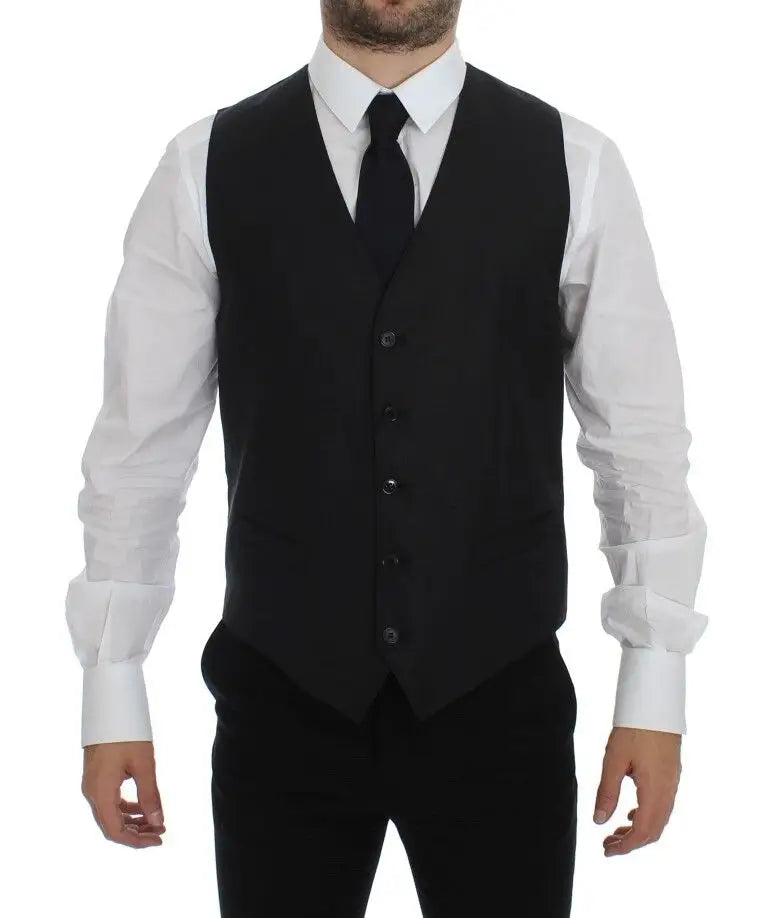 Gilet noir formel dolce & gabbana en laine et soie avec cinq boutons sombres et coupe ajustée